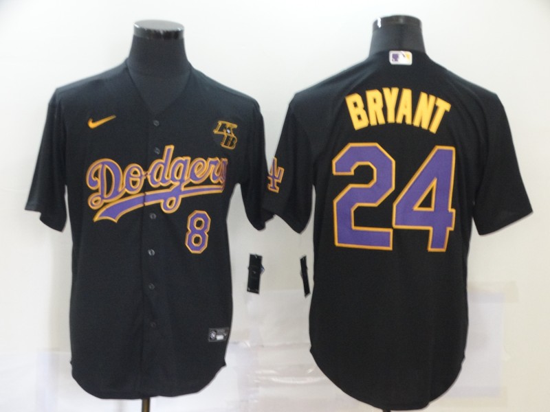 Men's Los Angeles Dodgers Front #8 Back #24 Kobe Bryant Throwback Black With KB Patch Cool Base Stitched Jersey